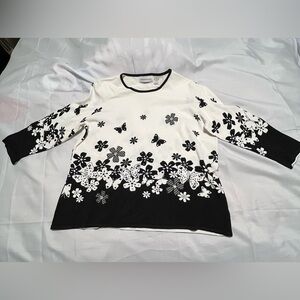 Alfred Dunner Black and White Floral Long Sleeve Top